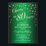 Invitación Surprise 80th Birthday Party - Gold Green<br><div class="desc">Sorpresa 80.ª Invitación a la fiesta de cumpleaños. Elegante diseño con finos dorados purpurinas y verde. Presenta el tipo de letra del guión y el perfil. ¡Saludos a 80 años! Mándame un mensaje si necesitas una edad personalizado.</div>