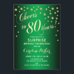 Invitación Surprise 80th Birthday Party - Gold Green<br><div class="desc">Sorpresa 80.ª Invitación a la fiesta de cumpleaños. Elegante diseño con finos dorados purpurinas y verde. Presenta el tipo de letra del guión y el perfil. ¡Saludos a 80 años! Mándame un mensaje si necesitas una edad personalizado.</div>