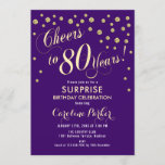 Invitación Surprise 80th Birthday Party - Gold Purple<br><div class="desc">Sorpresa 80th Birthday Party Invitation Elegante diseño con falso oro purpurina y morado. Presenta el tipo de letra del guión y el perfil. ¡Saludos a 80 años! Mándame un mensaje si necesitas una edad personalizado.</div>