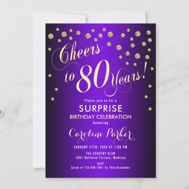 Invitación Surprise 80th Birthday Party - Gold Purple (Anverso)