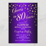 Invitación Surprise 80th Birthday Party - Gold Purple<br><div class="desc">Sorpresa 80.ª Invitación a la fiesta de cumpleaños. Elegante diseño con un falso oro purpurina y morado. Presenta el tipo de letra del guión y el perfil. ¡Saludos a 80 años! Mándame un mensaje si necesitas una edad personalizado.</div>