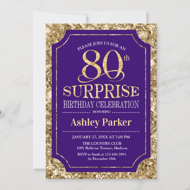 Invitación Surprise 80th Birthday Party - Gold Purple (Anverso)
