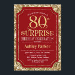 Invitación Surprise 80th Birthday Party - Gold Red<br><div class="desc">Invitación a la celebración de cumpleaños número 80 de sorpresa. Elegante diseño elegante en tonos rojos oscuros y purpurinas falsos. Presenta una fuente de script elegante. Mándame un mensaje si necesitas más personalización.</div>