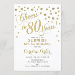 Invitación Surprise 80th Birthday Party - Gold White<br><div class="desc">Sorpresa 80th Birthday Party Invitation Elegante diseño con falso oro purpurina y blanco. Presenta el tipo de letra del guión y el perfil. ¡Saludos a 80 años! Mándame un mensaje si necesitas una edad personalizado.</div>