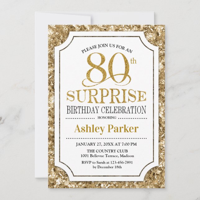 Invitación Surprise 80th Birthday Party - Gold White (Anverso)