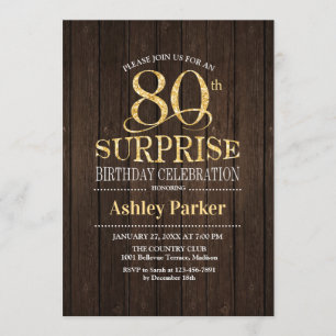 Invitación Surprise 80th Birthday Party - Gold Wood