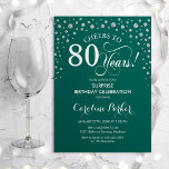 Invitación Surprise 80th Birthday Party - Green Silver<br><div class="desc">Sorpresa 80.ª Invitación a la fiesta de cumpleaños. Elegante diseño en verde esmeralda y falsa plata purpurina. Presenta el tipo de letra de guión y los diamantes confetti. ¡Saludos a 80 años! Mándame un mensaje si necesitas más personalización.</div>