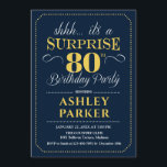 Invitación Surprise 80th Birthday Party - Navy Gold<br><div class="desc">Sorpresa 80.ª Invitación a la fiesta de cumpleaños. Sencillo diseño elegante en oro azul marino y amarillo. Presenta una fuente de script elegante. Celebración sorpresa de cumpleaños para hombre o mujer. ¡Se puede personalizar en cualquier edad!</div>