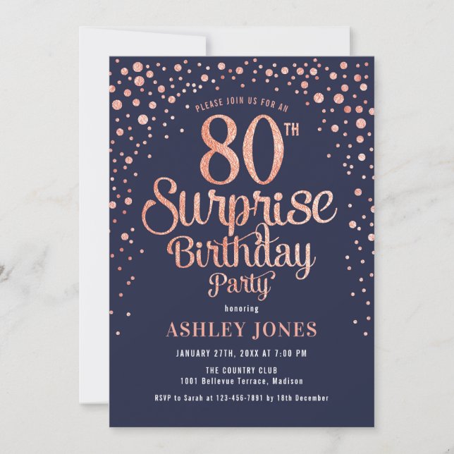 Invitación Surprise 80th Birthday Party - Navy & Rosa Gold (Anverso)