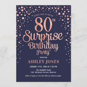 Invitación Surprise 80th Birthday Party - Navy & Rosa Gold