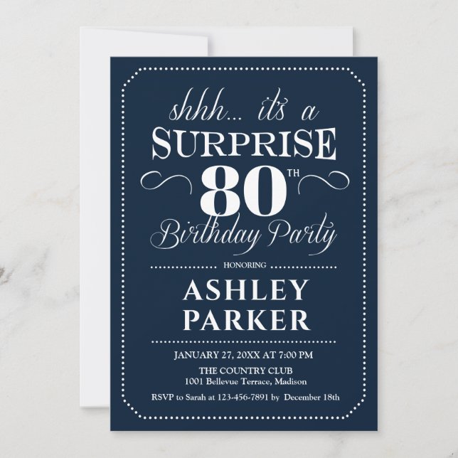 Invitación Surprise 80th Birthday Party - Navy White (Anverso)