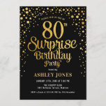 Invitación Surprise 80th Birthday Party - Negro y Oro<br><div class="desc">Sorpresa 80.ª Invitación a la fiesta de cumpleaños. Elegante diseño de oro negro y falso purpurina. Presenta un diseño elegante de tipo de letra y letra de guión. Mándame un mensaje si necesitas edad personalizado.</div>