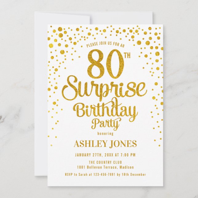 Invitación Surprise 80th Birthday Party - Oro y Blanco (Anverso)