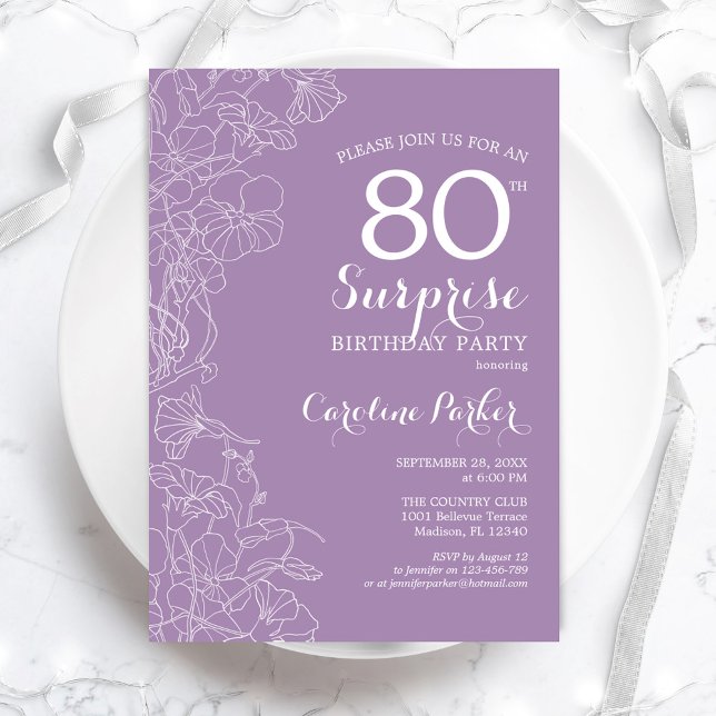 Invitación Surprise 80th Birthday Party - Purple Floral (Subido por el creador)