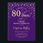 Invitación Surprise 80th Birthday Party - Purple Gold<br><div class="desc">Sorpresa 80.ª Invitación a la fiesta de cumpleaños. Elegante diseño de color púrpura real y oro falso purpurina. Presenta el tipo de letra de guión y los diamantes confetti. ¡Saludos a 80 años! Mándame un mensaje si necesitas más personalización.</div>
