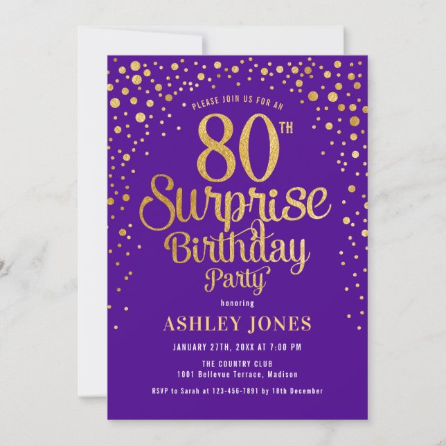 Invitación Surprise 80th Birthday Party - Purple & Gold (Anverso)