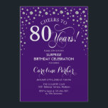 Invitación Surprise 80th Birthday Party - Purple Silver<br><div class="desc">Sorpresa 80.ª Invitación a la fiesta de cumpleaños. Elegante diseño en color púrpura y falso purpurina plateado. Presenta el tipo de letra de guión y los diamantes confetti. ¡Saludos a 80 años! Mándame un mensaje si necesitas más personalización.</div>