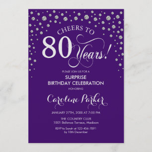 Invitación Surprise 80th Birthday Party - Purple Silver