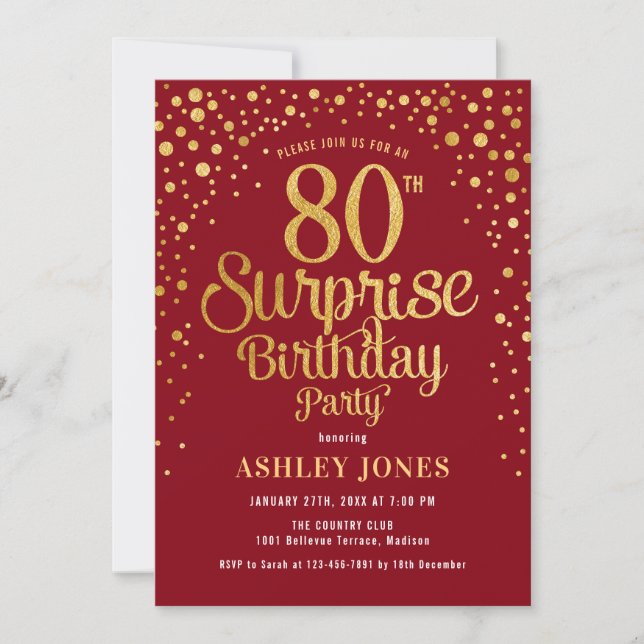 Invitación Surprise 80th Birthday Party - Red & Gold (Anverso)