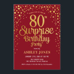 Invitación Surprise 80th Birthday Party - Red & Gold<br><div class="desc">Sorpresa 80.ª Invitación a la fiesta de cumpleaños. Elegante diseño de color rojo oscuro y falso oro purpurina. Presenta un diseño elegante de tipo de letra y letra de guión. Mándame un mensaje si necesitas edad personalizado.</div>