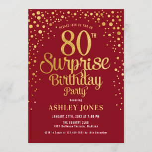 Invitación Surprise 80th Birthday Party - Red & Gold