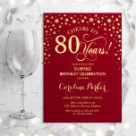 Invitación Surprise 80th Birthday Party - Red Gold<br><div class="desc">Sorpresa 80.ª Invitación a la fiesta de cumpleaños. Elegante diseño de color rojo oscuro y falso oro purpurina. Presenta el tipo de letra de guión y los diamantes confetti. ¡Saludos a 80 años! Mándame un mensaje si necesitas más personalización.</div>