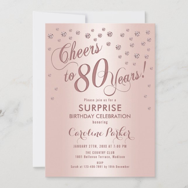 Invitación Surprise 80th Birthday Party - Rosa Gold (Anverso)