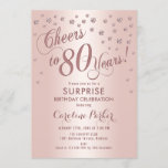 Invitación Surprise 80th Birthday Party - Rosa Gold<br><div class="desc">Sorpresa 80th Birthday Party Invitation Elegante diseño con falso oro rosa purpurina. Presenta el tipo de letra del guión y el perfil. ¡Saludos a 80 años! Mándame un mensaje si necesitas una edad personalizado.</div>