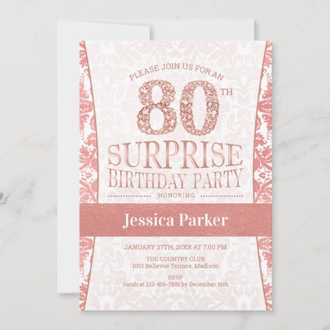 Invitación Surprise 80th Birthday Party - Rosa Gold White (Anverso)