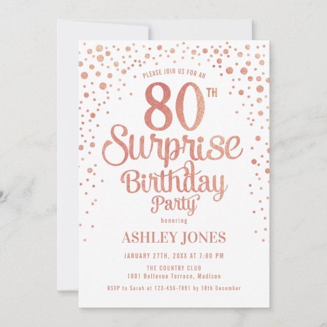 Invitación Surprise 80th Birthday Party - Rosa Gold & White (Anverso)