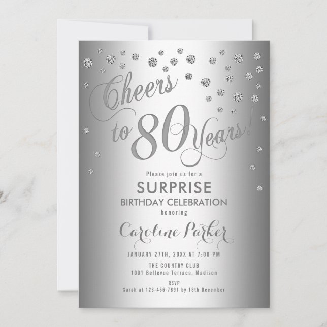 Invitación Surprise 80th Birthday Party - Silver (Anverso)