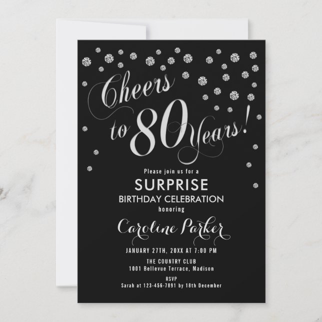 Invitación Surprise 80th Birthday Party - Silver Black (Anverso)