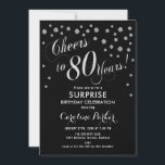 Invitación Surprise 80th Birthday Party - Silver Black<br><div class="desc">Sorpresa 80th Birthday Party Invitation Elegante diseño con finas plata purpurina y negro. Presenta el tipo de letra del guión y el perfil. ¡Saludos a 80 años! Mándame un mensaje si necesitas una edad personalizado.</div>