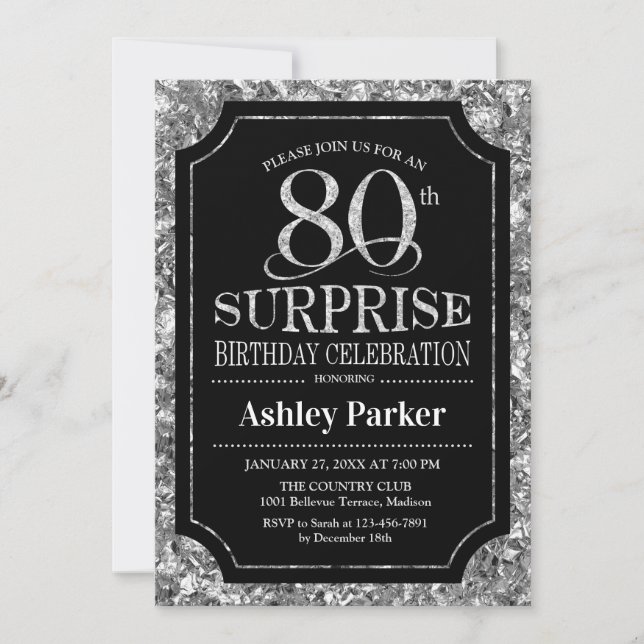 Invitación Surprise 80th Birthday Party - Silver Black (Anverso)