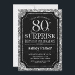 Invitación Surprise 80th Birthday Party - Silver Black<br><div class="desc">Invitación a la celebración de cumpleaños número 80 de sorpresa. Elegante diseño elegante en negro y falso purpurina plateado. Presenta una fuente de script elegante. Mándame un mensaje si necesitas más personalización.</div>