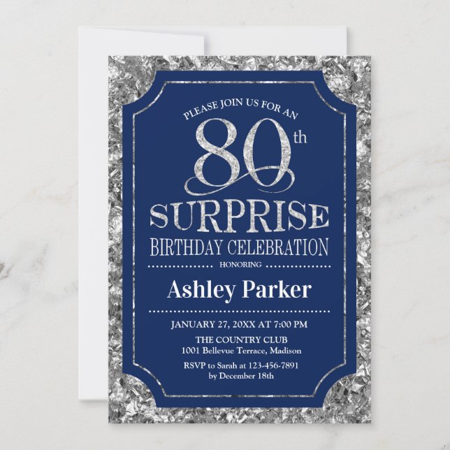 Invitación Surprise 80th Birthday Party - Silver Navy Blue (Anverso)