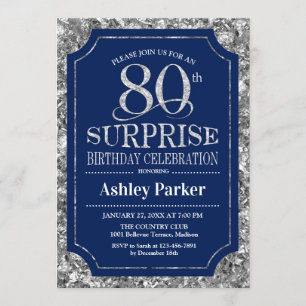 Invitación Surprise 80th Birthday Party - Silver Navy Blue
