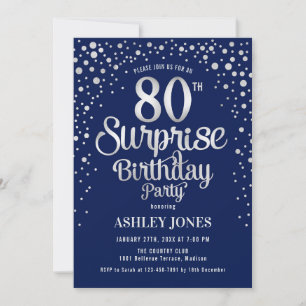 Invitación Surprise 80th Birthday Party - Silver & Navy Blue