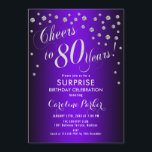 Invitación Surprise 80th Birthday Party - Silver Purple<br><div class="desc">Sorpresa 80th Birthday Party Invitation Elegante diseño con finas plata purpurina y morado. Presenta el tipo de letra del guión y el perfil. ¡Saludos a 80 años! Mándame un mensaje si necesitas una edad personalizado.</div>