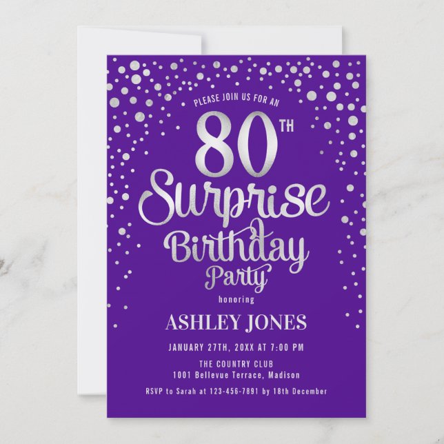 Invitación Surprise 80th Birthday Party - Silver & Purple (Anverso)