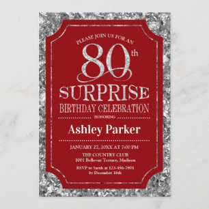 Invitación Surprise 80th Birthday Party - Silver Red