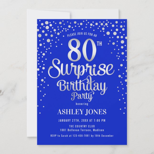 Invitación Surprise 80th Birthday Party - Silver & Royal Blue (Anverso)
