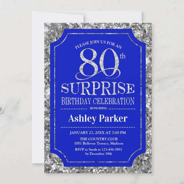 Invitación Surprise 80th Birthday Party - Silver Royal Blue (Anverso)