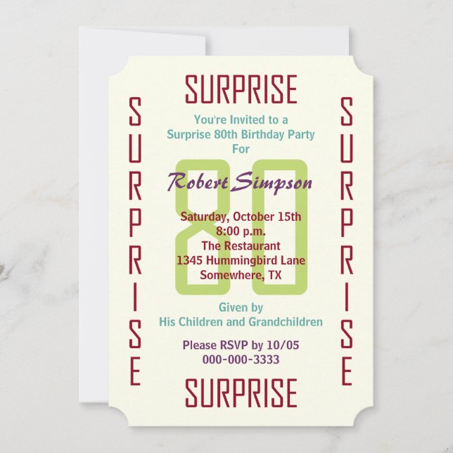 Invitación Surprise 80th Birthday Party Ticket 80 (Anverso)