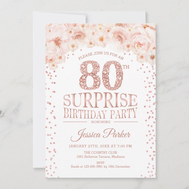 Invitación Surprise 80th Birthday Party - White Rose Gold (Anverso)