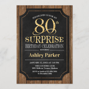Invitación Surprise 80th Birthday Party - Wood Gold
