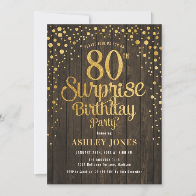 Invitación Surprise 80th Birthday Party - Wood & Gold (Anverso)