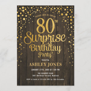 Invitación Surprise 80th Birthday Party - Wood & Gold