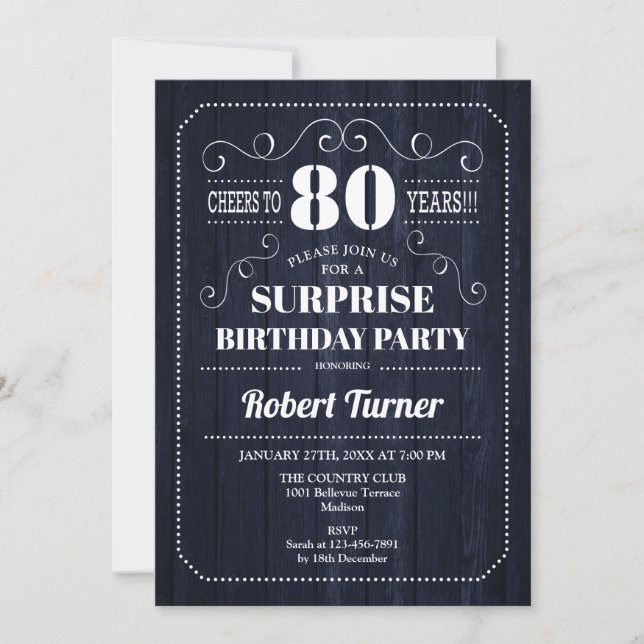 Invitación Surprise 80th Birthday - Patrón de Madera Rústica  (Anverso)