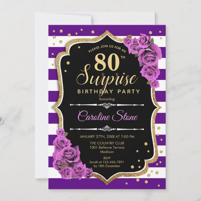 Invitación Surprise 80th Birthday - Purple Gold (Anverso)